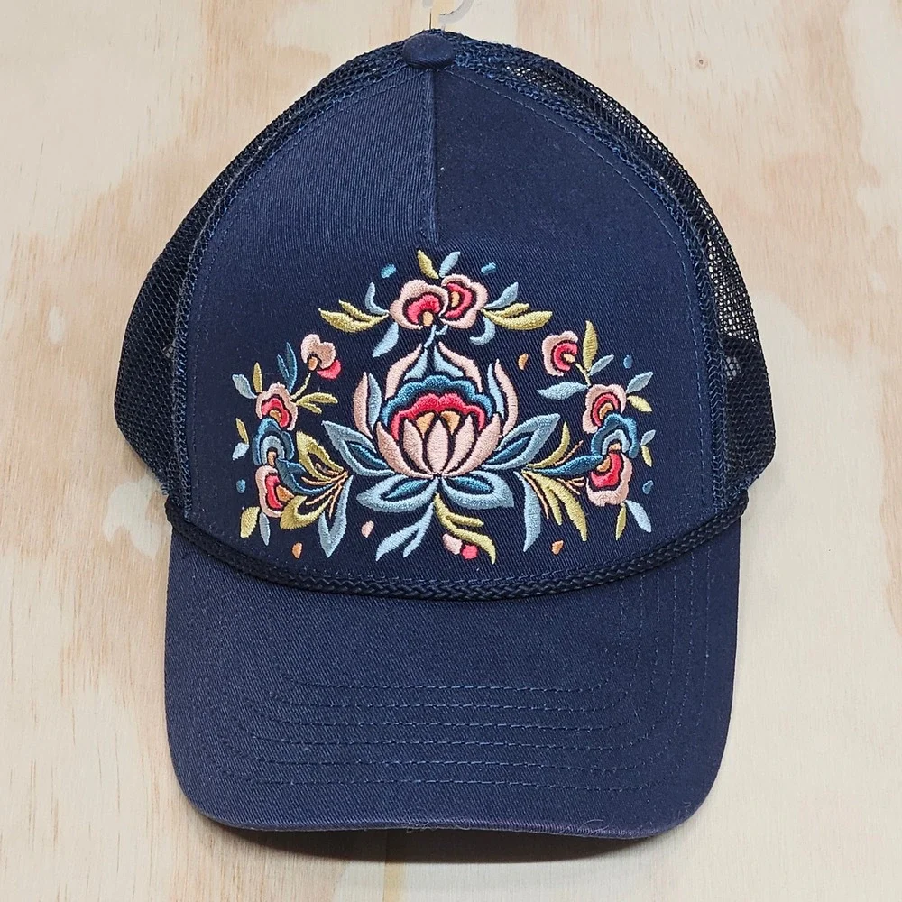 Shyanne Navy Blue Floral Embroidered Mesh Back Snapback Trucker Hat OSFM